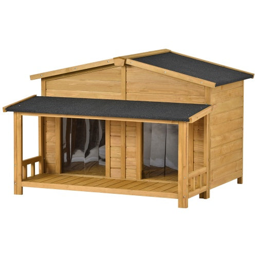 Large Wooden Dog House Outdoor | Hut Style Kennel with Porch & 2 Doors for Big Dogs