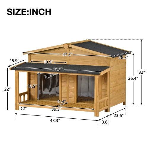 Large Wooden Dog House Outdoor | Hut Style Kennel with Porch & 2 Doors for Big Dogs