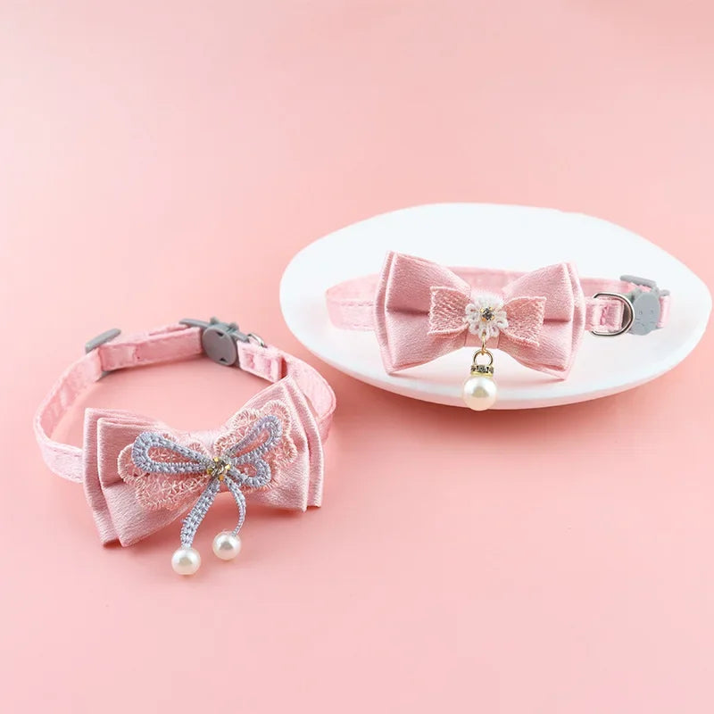 Pink Lace Cat Collar with Bell – Cute Pet Choker with Bow & Beads | Stylish Dog & Cat Accessories