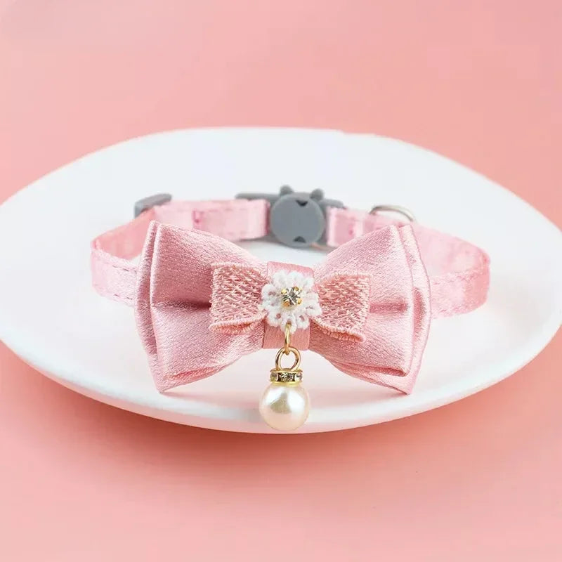 Pink Lace Cat Collar with Bell – Cute Pet Choker with Bow & Beads | Stylish Dog & Cat Accessories