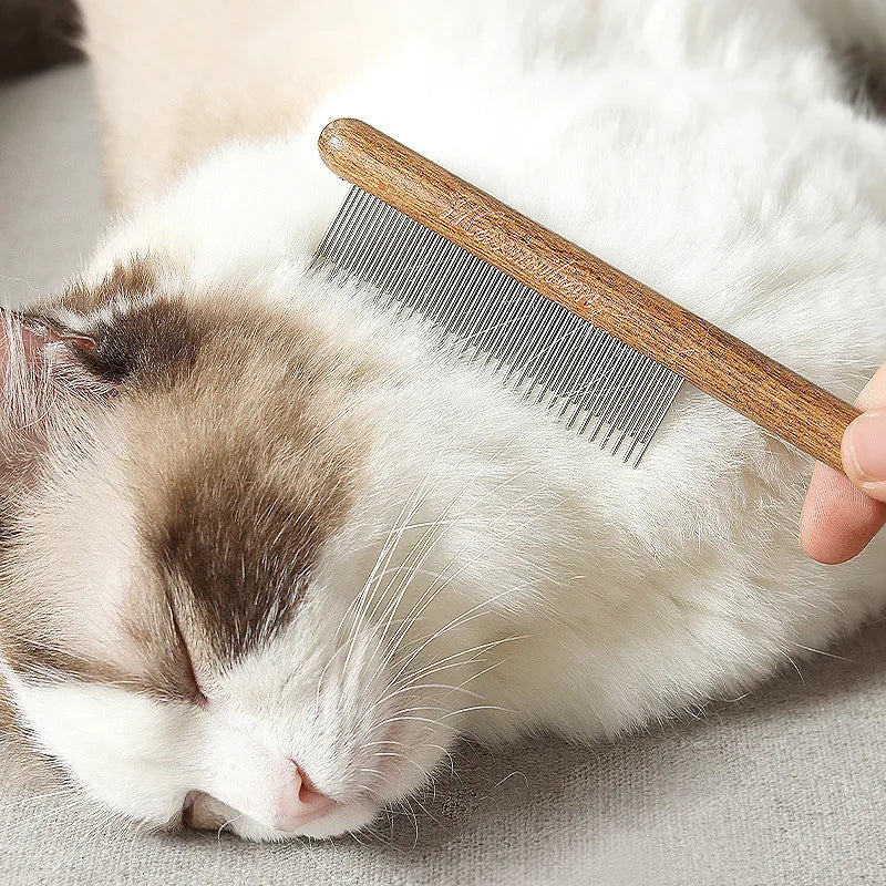 Wooden Handle Cat Brush – Stainless Steel Grooming Comb for Pets | Pet Hair Remover Tool