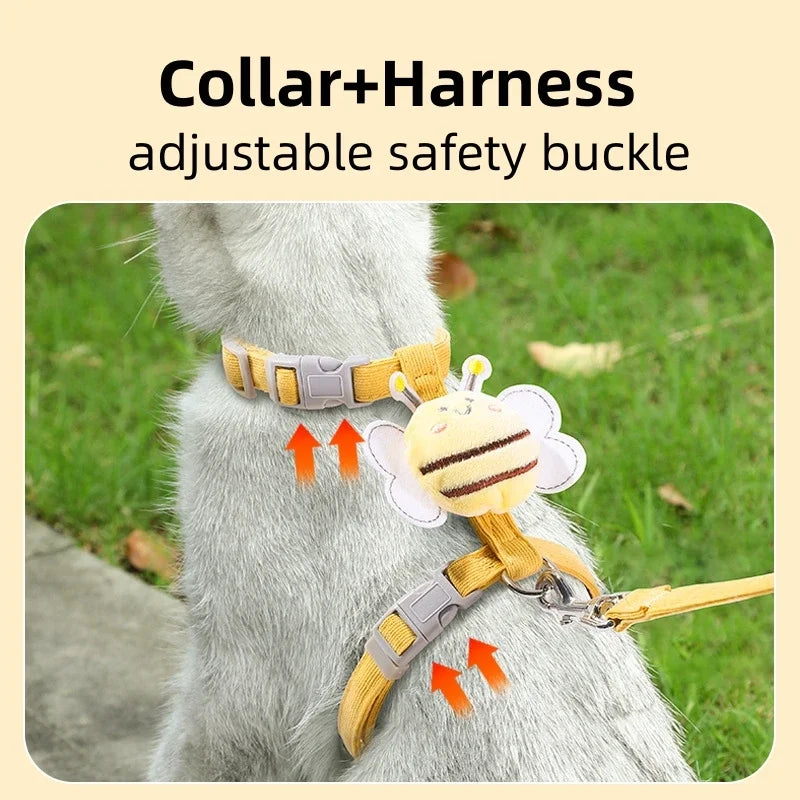 Adjustable Cat & Dog Harness Leash Set – Cute Bee Design for Small & Medium Pets | Outdoor Walking Gear
