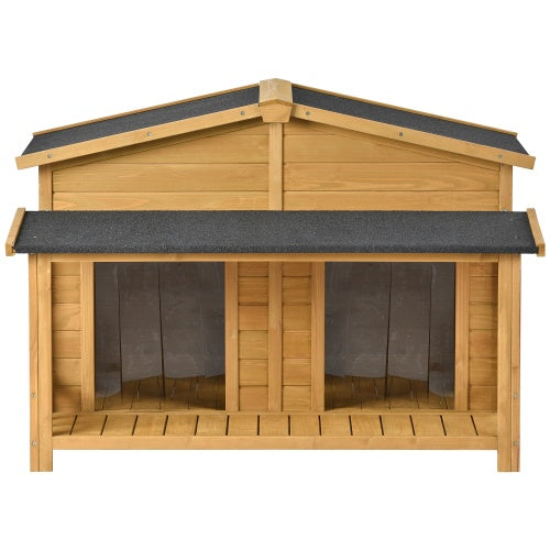 Large Wooden Dog House Outdoor | Hut Style Kennel with Porch & 2 Doors for Big Dogs