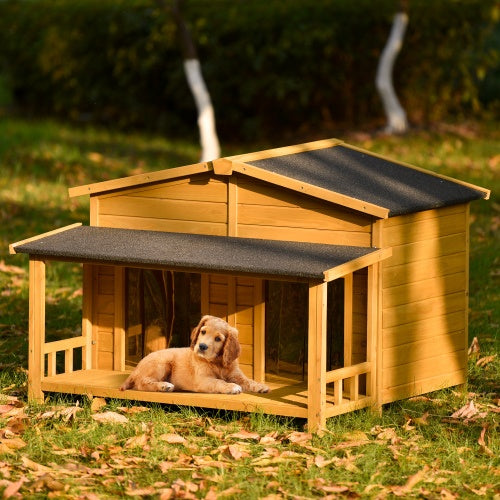 Large Wooden Dog House Outdoor | Hut Style Kennel with Porch & 2 Doors for Big Dogs
